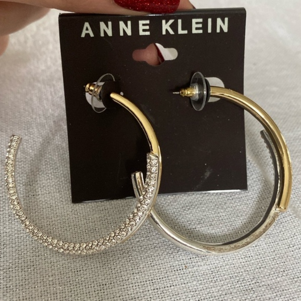 Anne Klein Silver and Gold Medium Pave Bypass Bar C-Hoop Earrings, $29